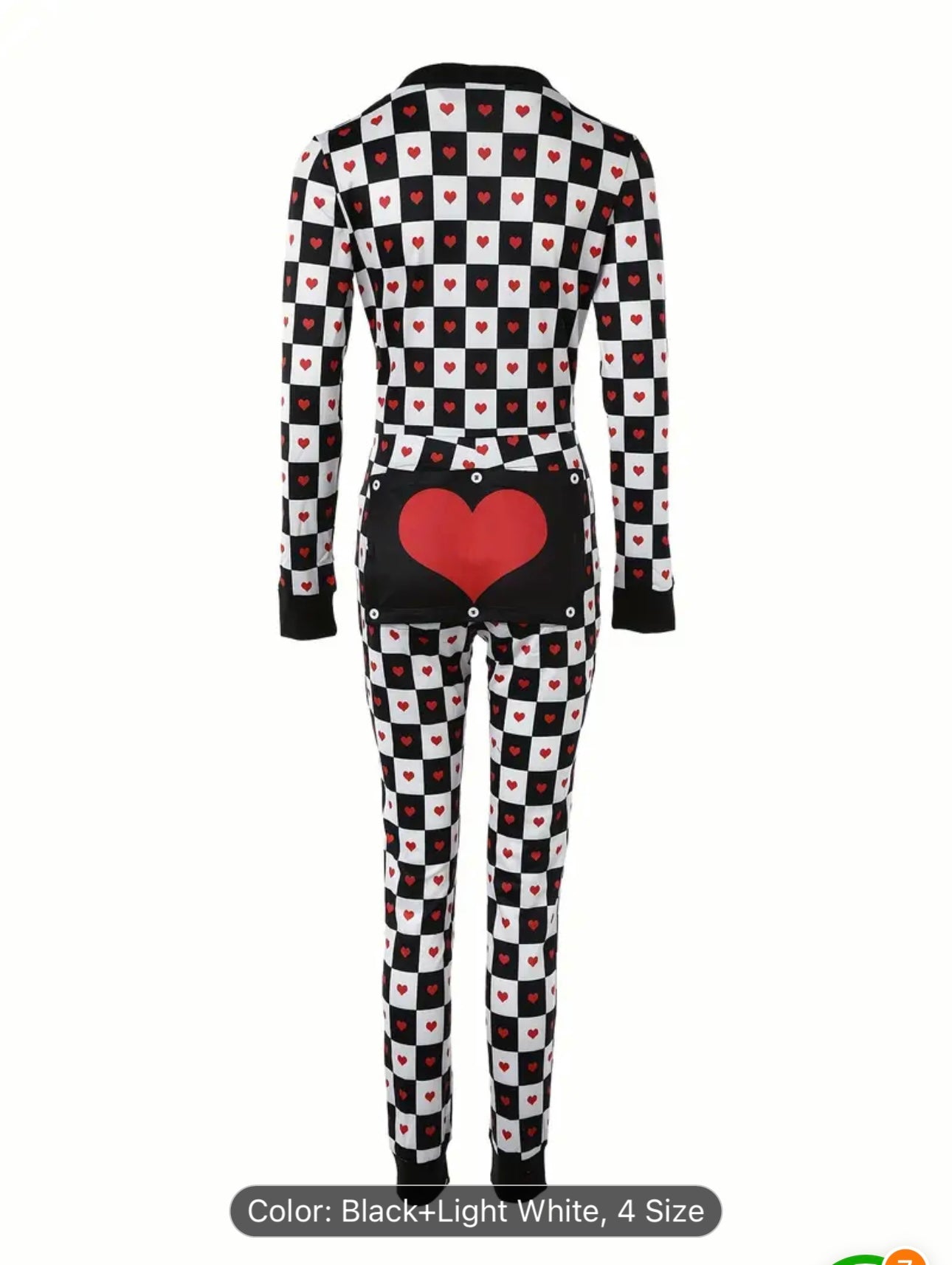 Heart Printed Pajama Jumpsuit, Long Sleeve Buttons