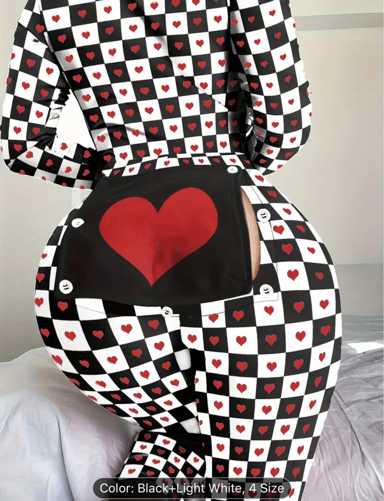 Heart Printed Pajama Jumpsuit, Long Sleeve Buttons